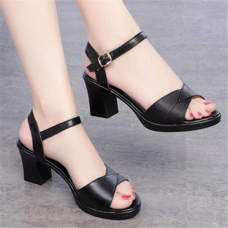 Women Genuine Leather Shoes High Heel Platform Sandals Buckle Thick Heel Ladies Sandals Women Pumps Summer Black 35-42