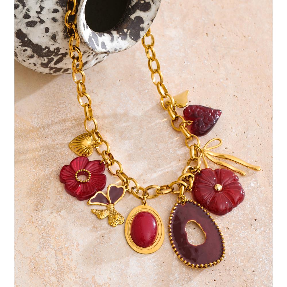 Eetit Red Resin Flower Charm Pendant Necklace 18K Golden PVD Plated Stainless Steel Statement New Arrivals Collar Jewelry 2025