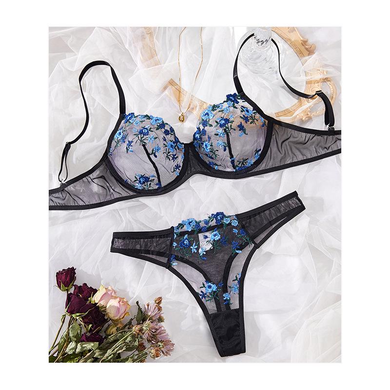 Flirtatious Blue Mesh Embroidered Lace Bra: Sexy, Breathable, Thin Style