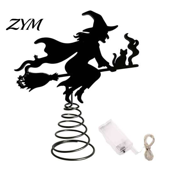 Iron Art Tree Topper Halloween Witch Topper, with LED Lights, Black Window Hanging Ornaments Silhouette Ornament, for Christmas And Holiday