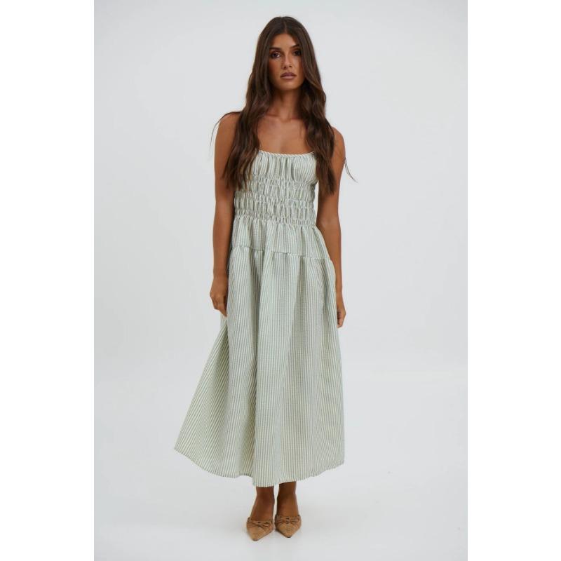 Women Sexy Loose Striped Suspender High Waist Slimming Commuting Midi Dress
