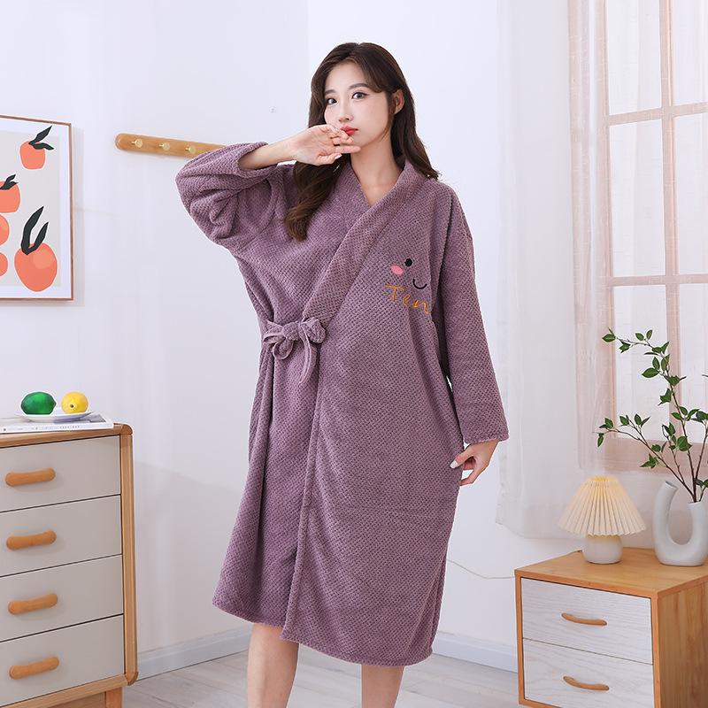 Women's Coral Fleece Bathrobe Set: Long Sleeve Bath Dress and Hair Drying Cap
