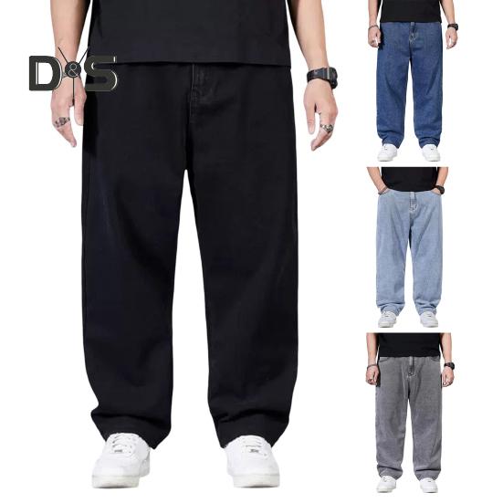 Men Jeans High Waist Solid Color Spliced Denim Pants with Pockets Straight Wide Leg Long Pants Daily Wear