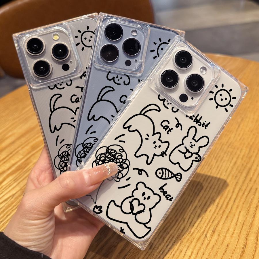 Creative Sweet Cool Line Cartoon Graffiti Right Angle Straight Edge 15 Phone Case for Iphone 16 Promax 15 14 Plus 13 Pro Max 12 11 Plus 12 11 Pro Max