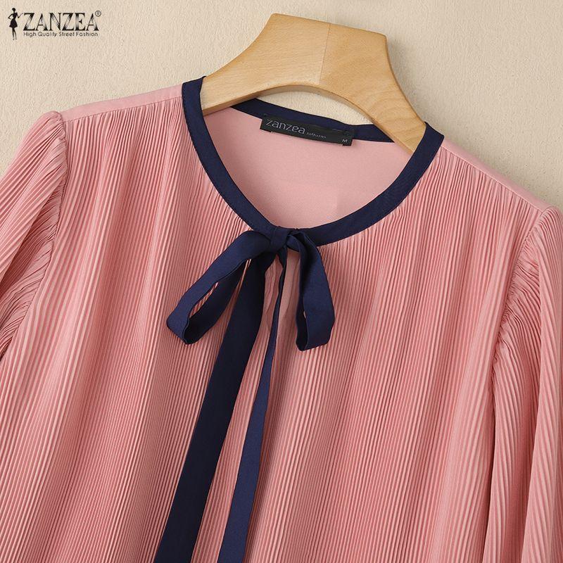 ZANZEA Women Elegant Casual Round Neck 3/4 Sleeve Loose Pleated Blouse