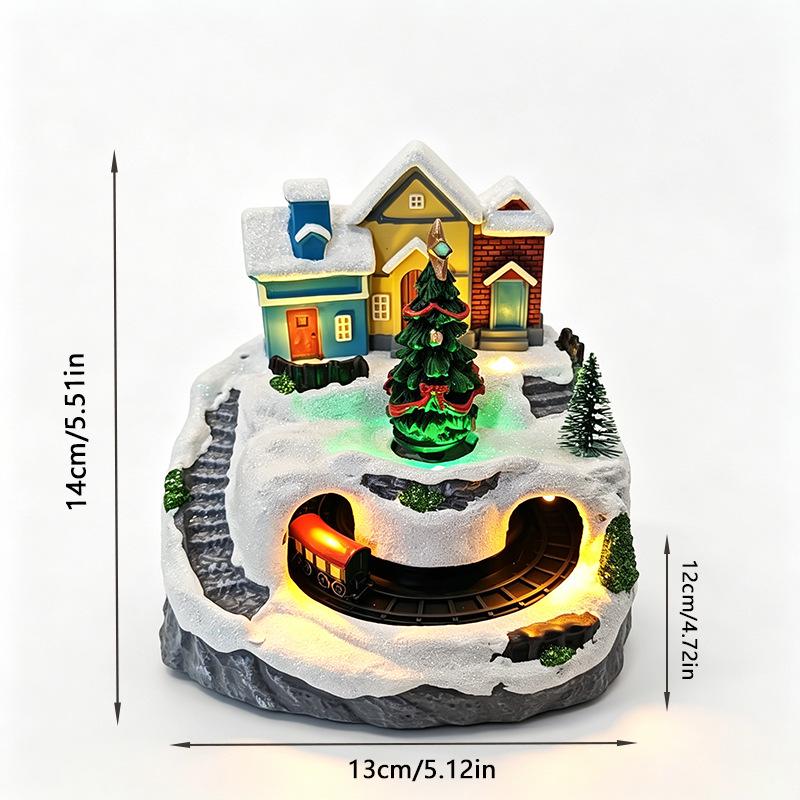 Luminous Christmas Snow Scene Train Ornament with Rotating Cabin Music Box