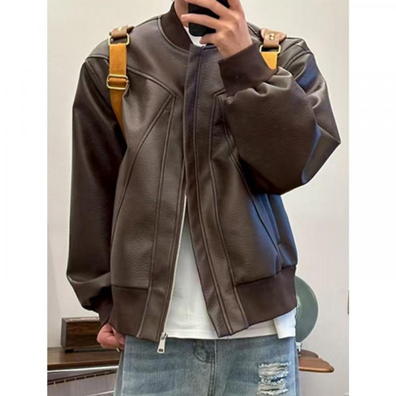 Mens Short PU Leather Harrington Jacket Casual Loose Fit Trendy Streetwear Teens