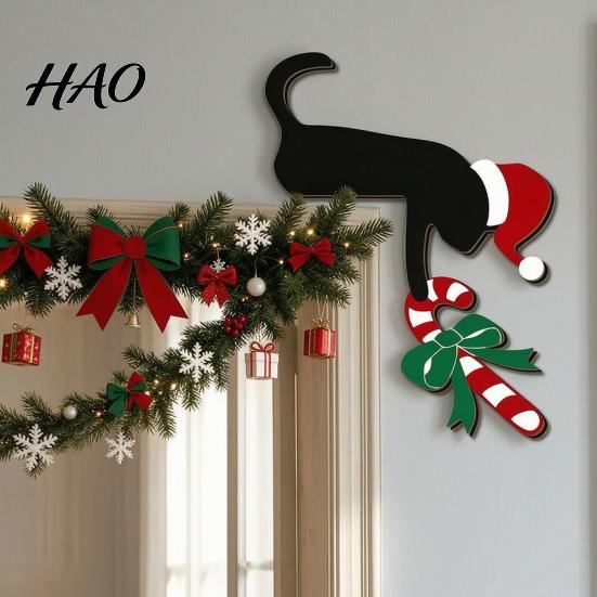 Holiday Entrance Door Decorations Christmas Wooden Corner Sign, Santa Snowman Cat Cartoon Sign Frame Decor, Reusable Festive Home Wall Decoration