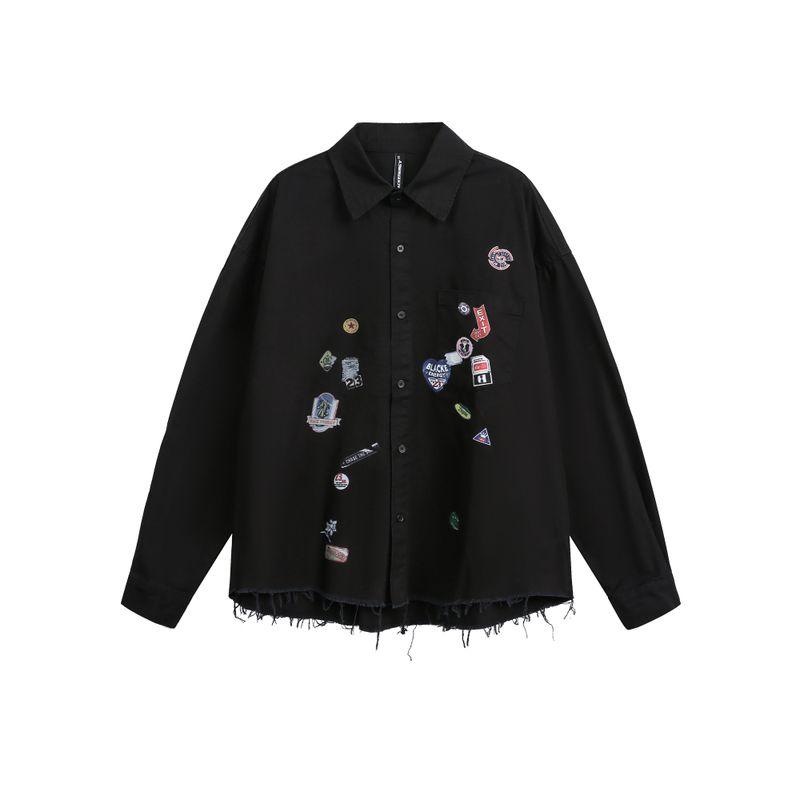 Kisko Design-Inspired American-Style Sticker Print Frayed Long-Sleeve Shirt for Men and Women, Trendy Brand, Cool and Loose-Fitting Shirt Jacket