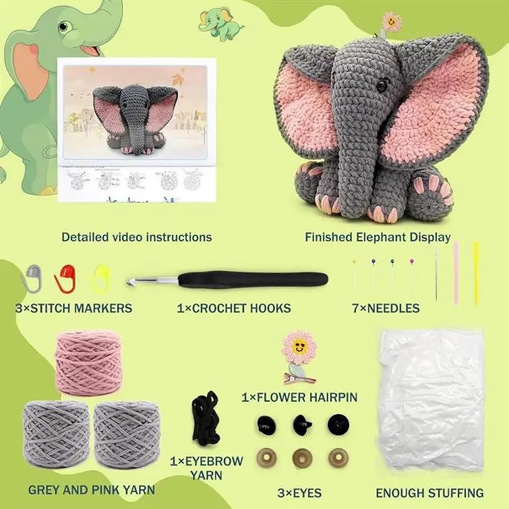 Crochet Amigurumi Kit Elephant Stuffed Animal Knitting Handmade Set Yarn Needlework Beginners Children Adults Crochet Amigurumi Needle Cotton With