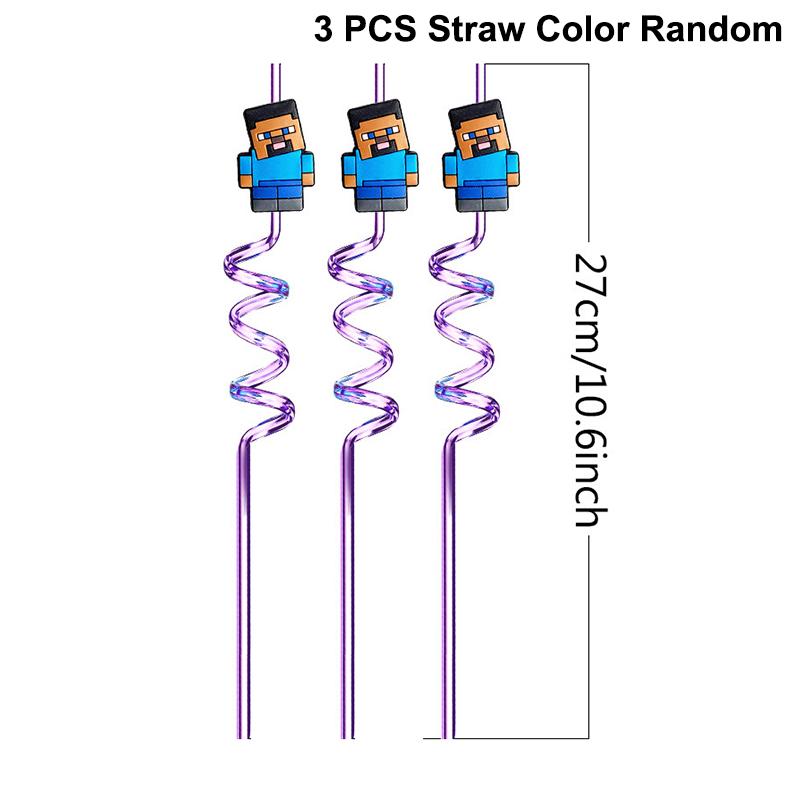 3Pcs Pixel Miner Game Reusable Straws Game-Themed Pixel Style Drink Straws For Birthday Party Decorations And Gifts