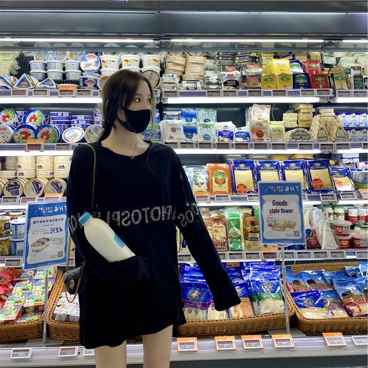 Autumn Women's Trendy Rhinestone Black Long Sleeve Loose Fit Top - Plus Size Slimming Cover-up