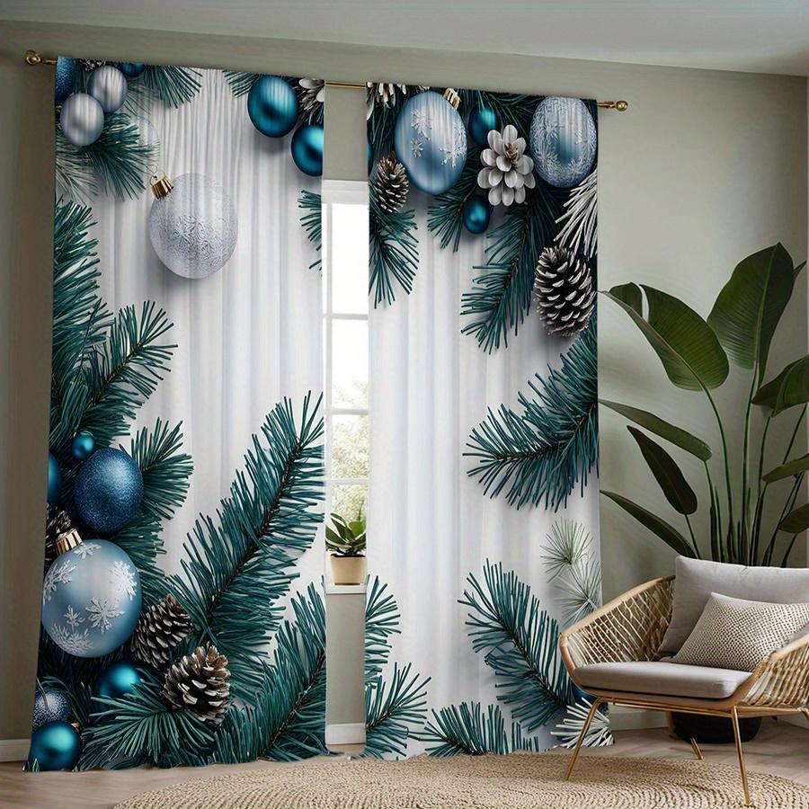 

2pcs Festive Christmas Curtains - White Bouquet & Green Pinecone Design Digital Printed Polyester Drapes for Living Room & Bedr 100*130 Rod Pocket 1pcs