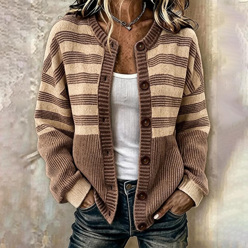 Women's Fashionable Striped Print Long Sleeve Knit Cardigan with Buttons
