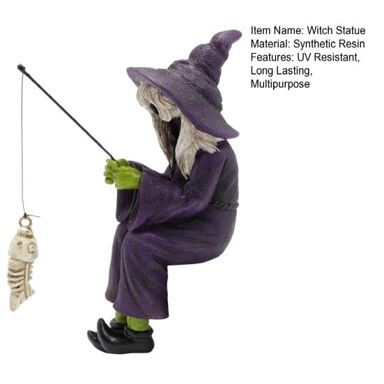 Witch Fishing Statue Decor UV Resistant Waterproof Halloween Resin Gothic Figure Garden Pond Edge Ornament