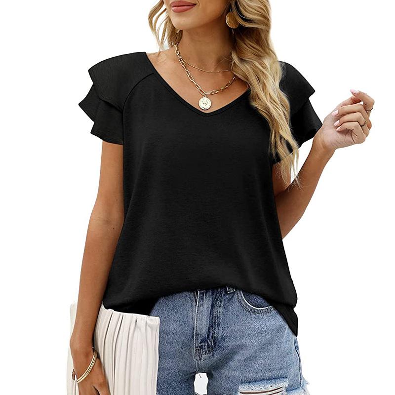 T-shirt da donna estiva tinta unita con scollo a V a doppio strato T-shirt ampia con maniche arricciate