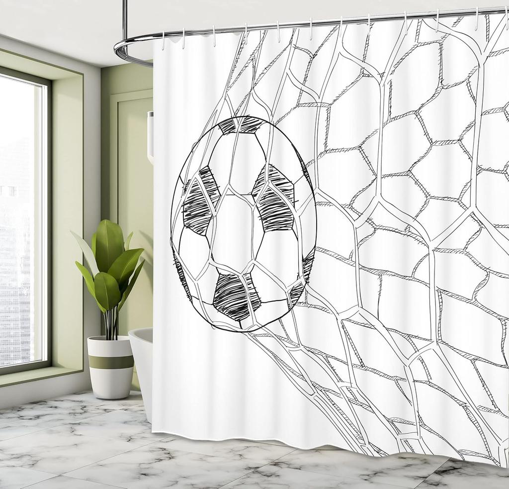 Soccer Shower Curtain, Soccer Ball In Net Goaly Position Sports Competition Spectators Hand Drawn Style, Cloth Fabric
