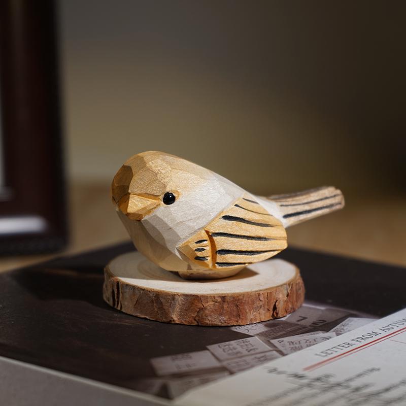 Hand Carved Wooden Bird Cute Sparrow Parrot Chickadee Animal Desktop Decor Original Wood Style