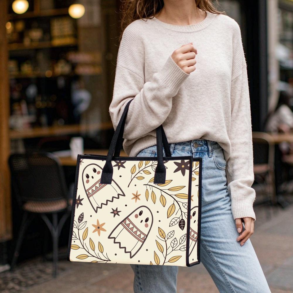 Cute Ghost Pattern Tote Bag Casual Portable Shopping Handbag for Daily Use