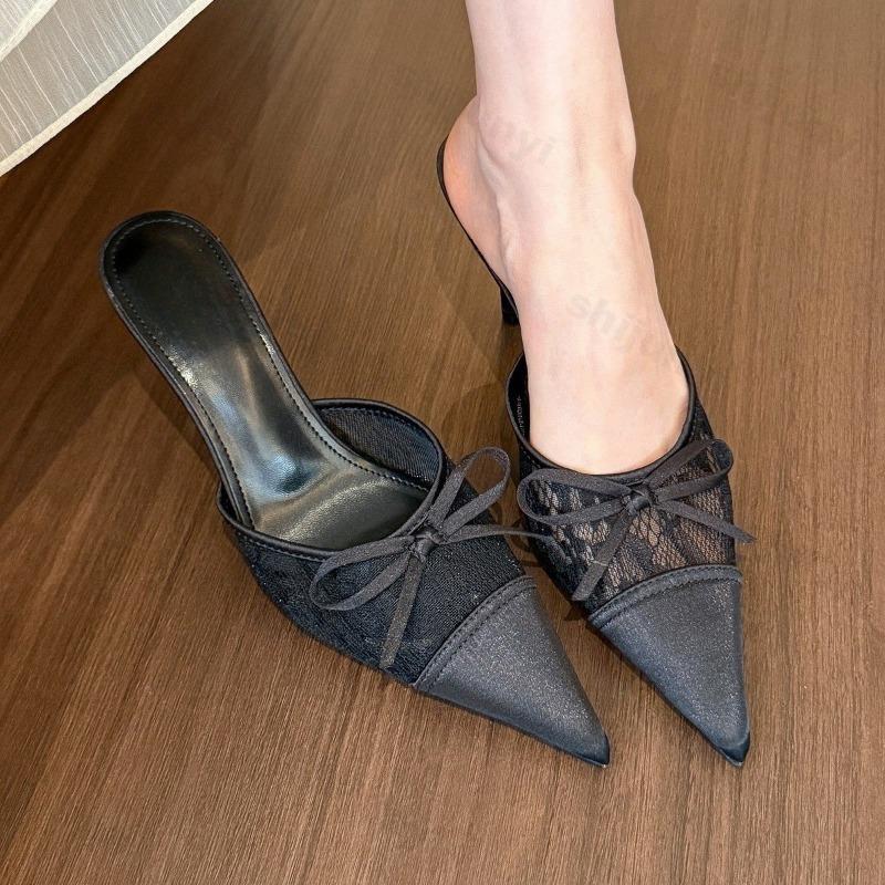 Women' High Heels Lace Thin Heels Sandals Bow-knot Outdoor Slippers Sexy Half Drag Women's Summer Elegant Medium Heel Shoes