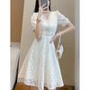 Yaz V yaka Zarif Moda Boncuklu Bel A kesim Dantel Elbise Kadın Mizaç Kısa Kollu Vintage Günlük Robe Beyaz Vestidos