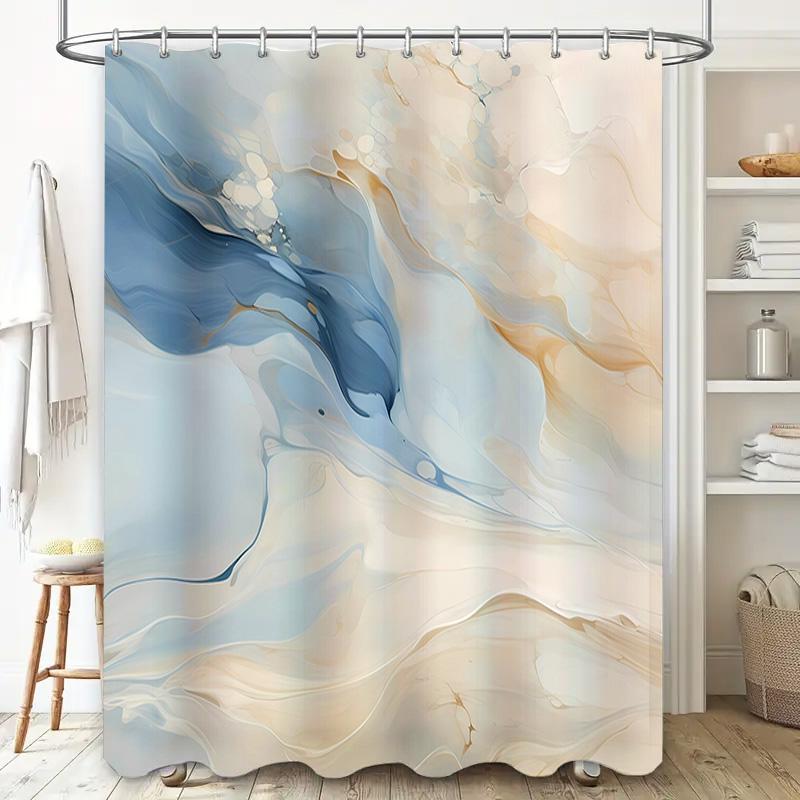 Luxury Blue Beige Marble Print Shower Curtain For Bathroom Decor Waterproof Fabric Material With Silver Grommets Ring Set (180 X