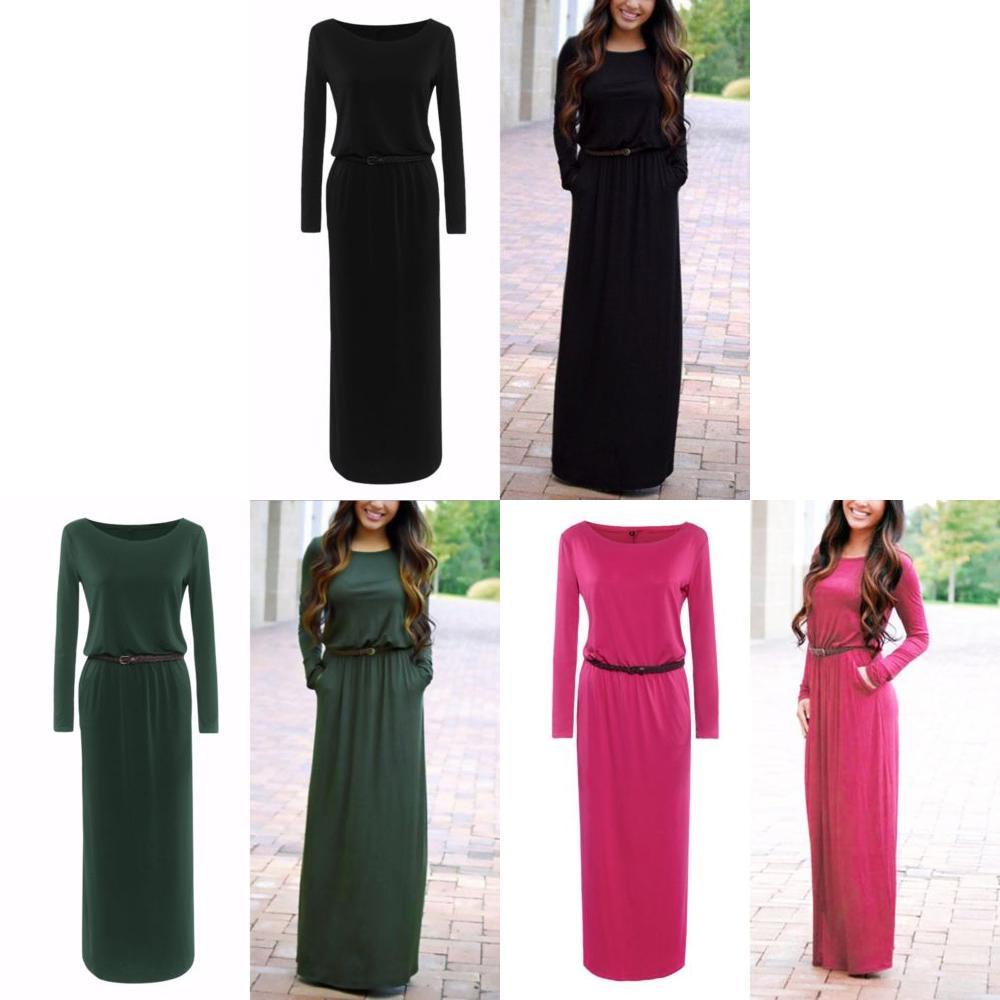 Casual Fashion Women Long Sleeve Belted Party Evening Cocktail Long Dress Maxi