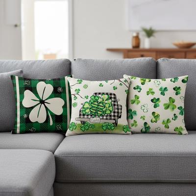 St Patricks Day Four-Leaf Throw Pillow Cover Reusable Green Plant Pattern Cushion Sleeve Multi-Purpose for Bedroom Decoration