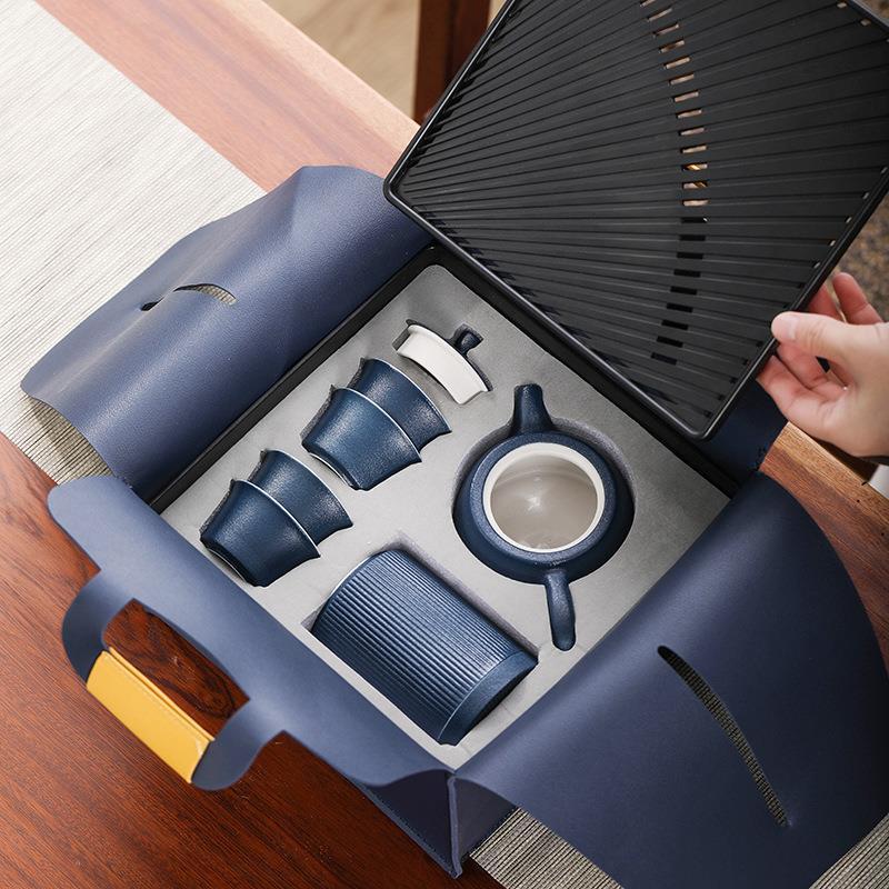 Coarse Pottery Travel Kung Fu Set Ceramic One Pot Four Cups Tray Tea Canister Portable Business Gift