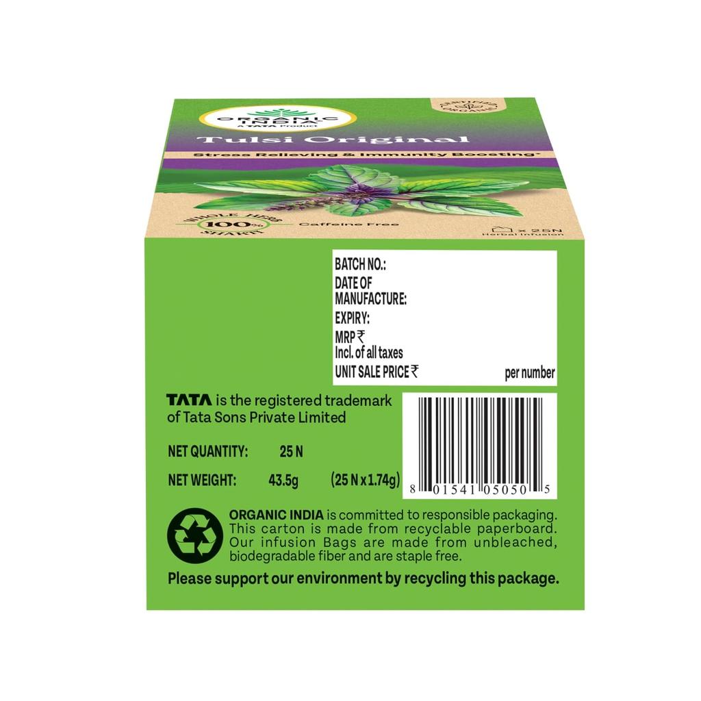 ORGANIC INDIA Tulsi Original Herbal Tea 25 Tea Bags Caffeine-Free Natural Antioxidant Detox Beverage