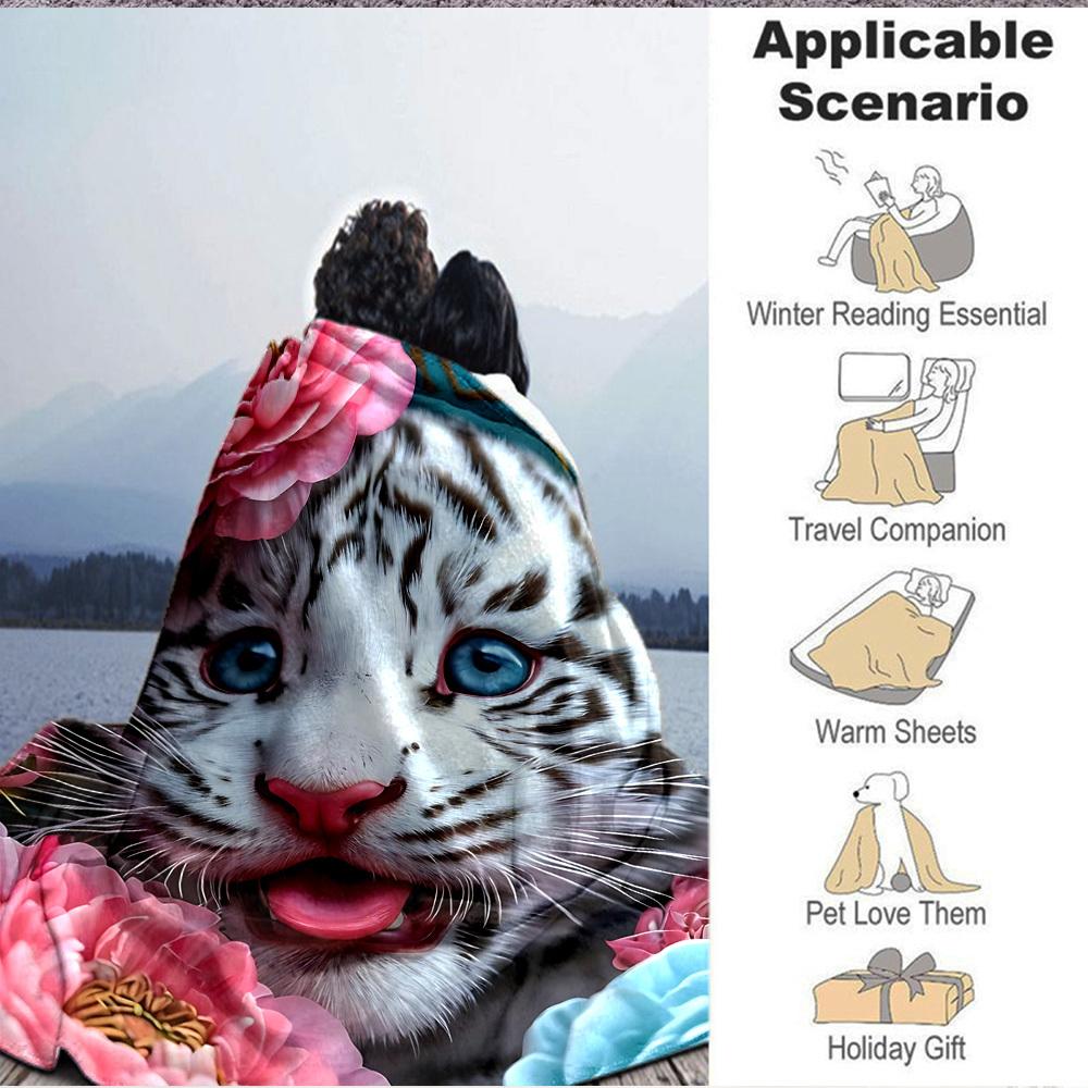 1pc Tiger Cub Flowers Blanket Lightweight Flannel Blanket Throw Blanket For Sofa, Bed, Travel, Camping, Livingroom, Office yy251015153