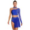 Women's Latin Dance Costume S-XXL: Asymmetrical Halter Top with Single Sleeve & Stappy Back + Rhinestone Mesh Hem Shorts