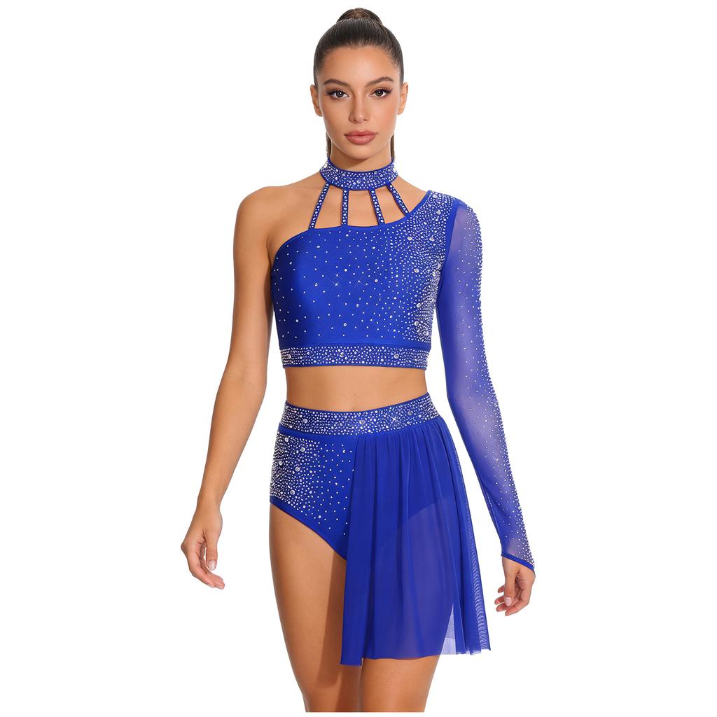 Women's Latin Dance Costume S-XXL: Asymmetrical Halter Top with Single Sleeve & Stappy Back + Rhinestone Mesh Hem Shorts