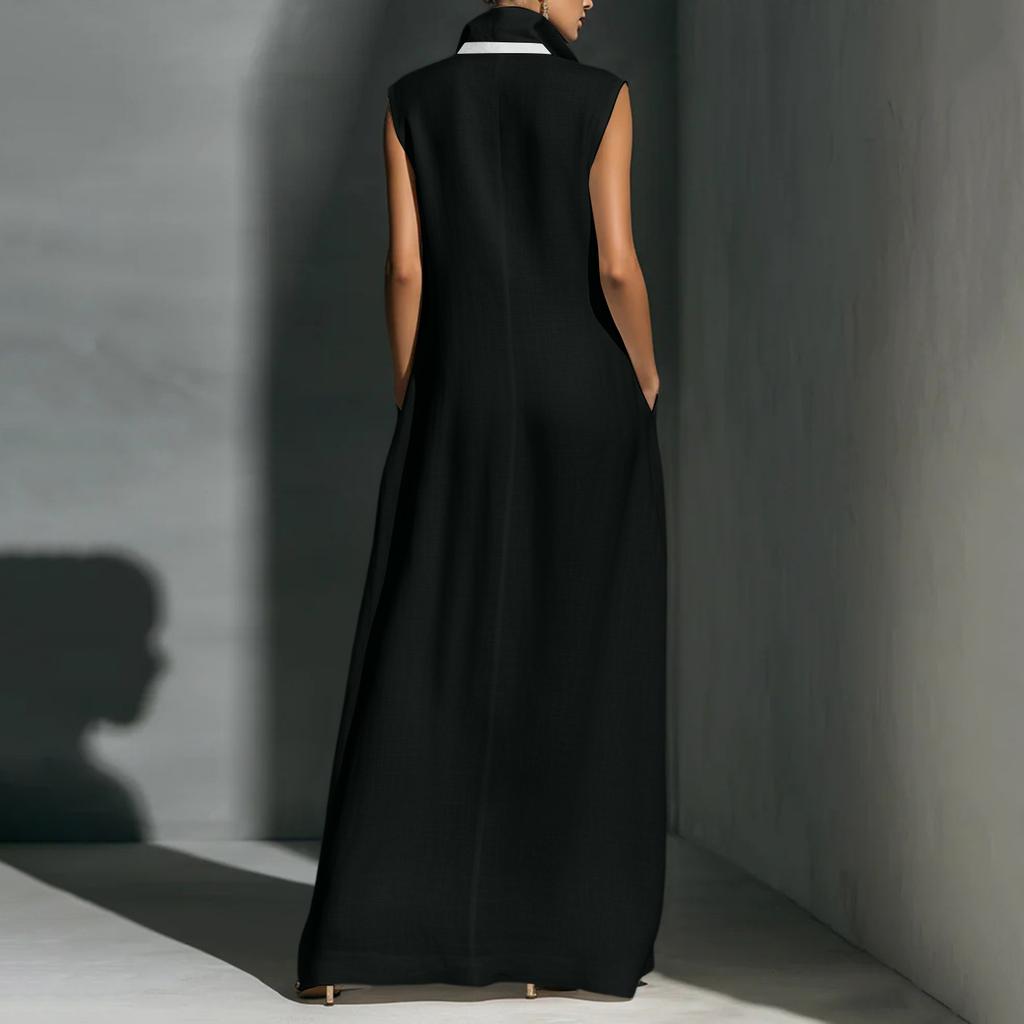 Sleeveless Maxi Dress with V Neck and Contrasting Trim Long Length Relaxed Fit for Casual or Formal Occasions