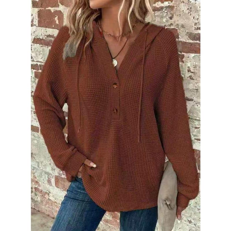 

Женская толстовка с капюшоном из вафельной ткани с V-образным вырезом и пуговицами на завязках, с длинным рукавом 5XL коричневый