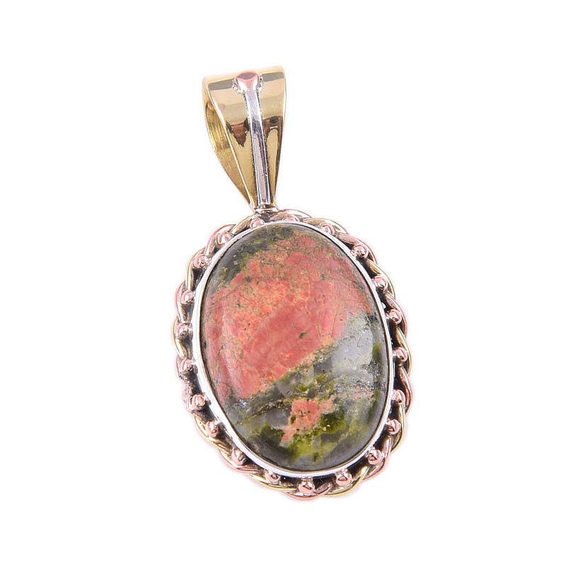 Natural Unakite Gemstone 925 Solid Sterling Silver Two Tone Pendant 1.50'' M6g42