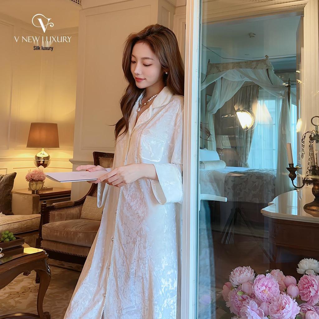 Silk Luxury Mid-Length French Nightgown - Gold Velvet, Thick, Early Winter