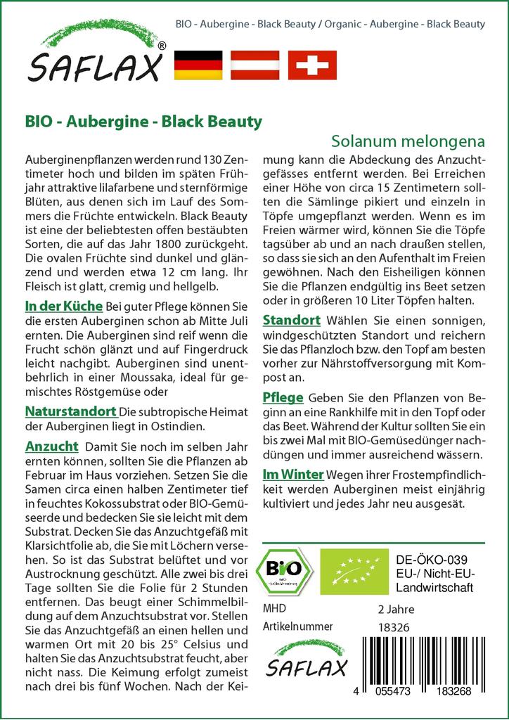 SAFLAX Garden In the Bag - Organic - Aubergine - Black Beauty - 25 Seeds - With Substrate In a Fitting Stand Up Bag - Solanum Melongena