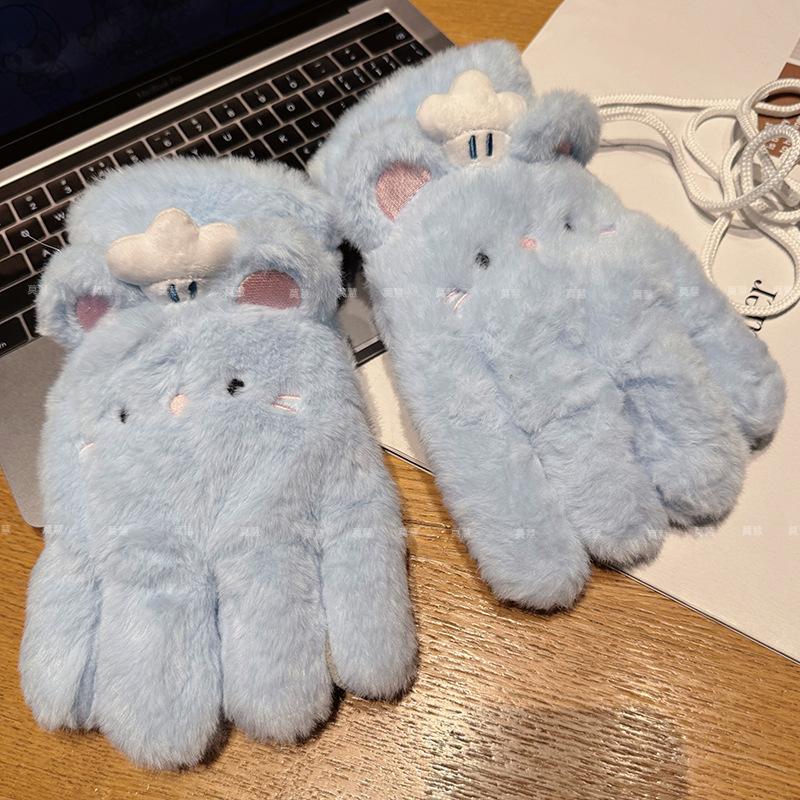Cute plush five-finger gloves for women's season to keep warm, plush and thickened, cute students to keep out the wind and cold