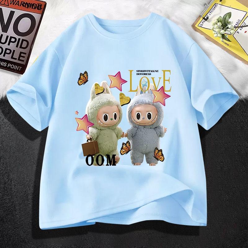 Cute Labubu Cartoon Printed T-shirt, Summer New Children's Round Neck Short Sleeved, Suitable for Girls Aged 4-14