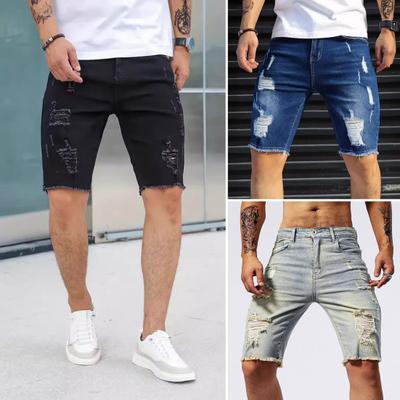 Herr Denimshorts Raka avsmalnande ben Råa hål Design Knälånga Shorts Mångsidiga