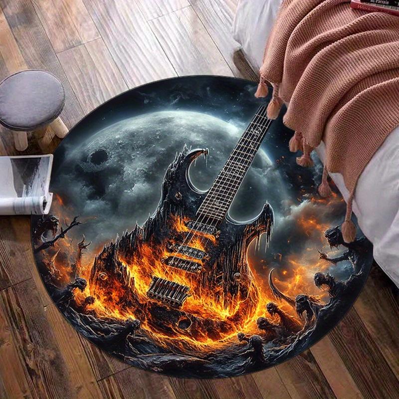 

Flaming Guitar Moon Night Round Rug Plush Floor Mat Rock Music Band Decor Heavy Metal Theme Bedroom Carpet Music Lover Rug 60cm x 60cm
