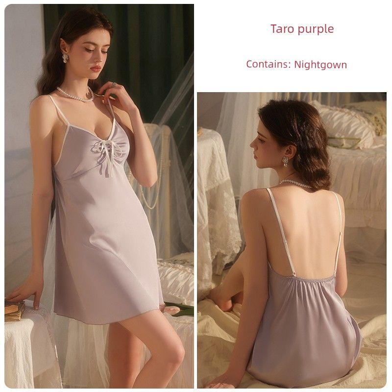 

Good Morning with You Rue Black Pink Color-Blocking Bow Lace-up Nightdress Stylish V-neck Satin Strap Pajamas Summer Purple 170(XL)