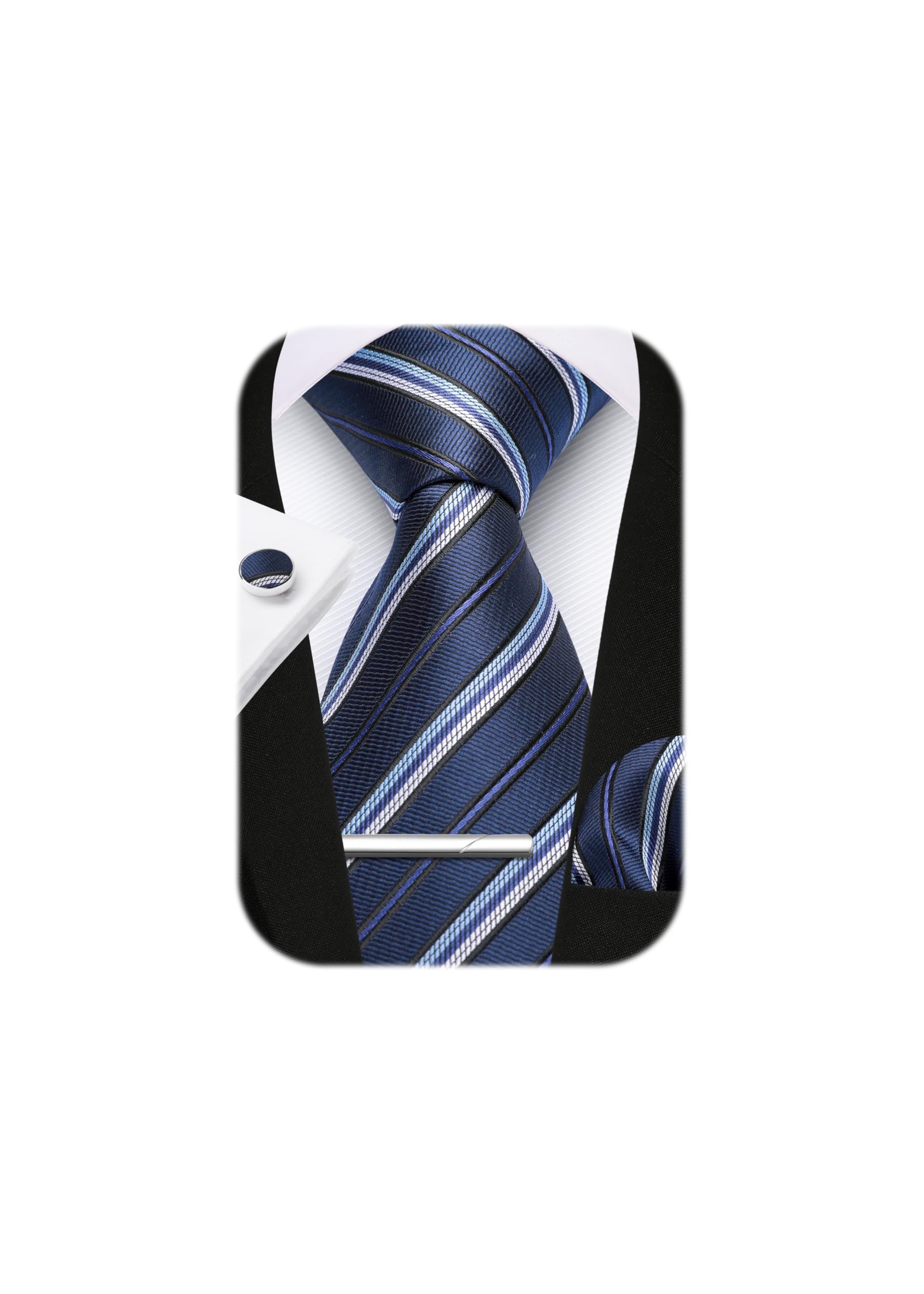 

[HISDERN] Navy Tie Men s Blue Business Tie, Pocket Square, Tie Pin, Cufflinks 4-Piece Set, Striped Pattern, Formal, Job Hunting, Entrance Ceremony,