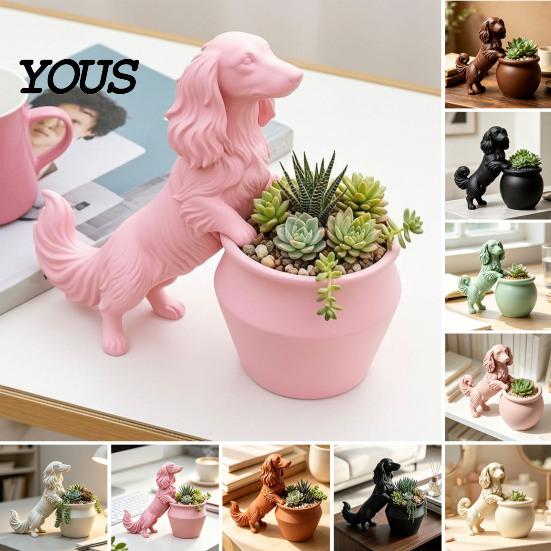 Pot de plante de bureau original Chien Teckel à poil long imprimé en 3D, Pot de fleurs chien mignon pour cactus, plantes aériennes, durable, étanche, plantes, succulentes,