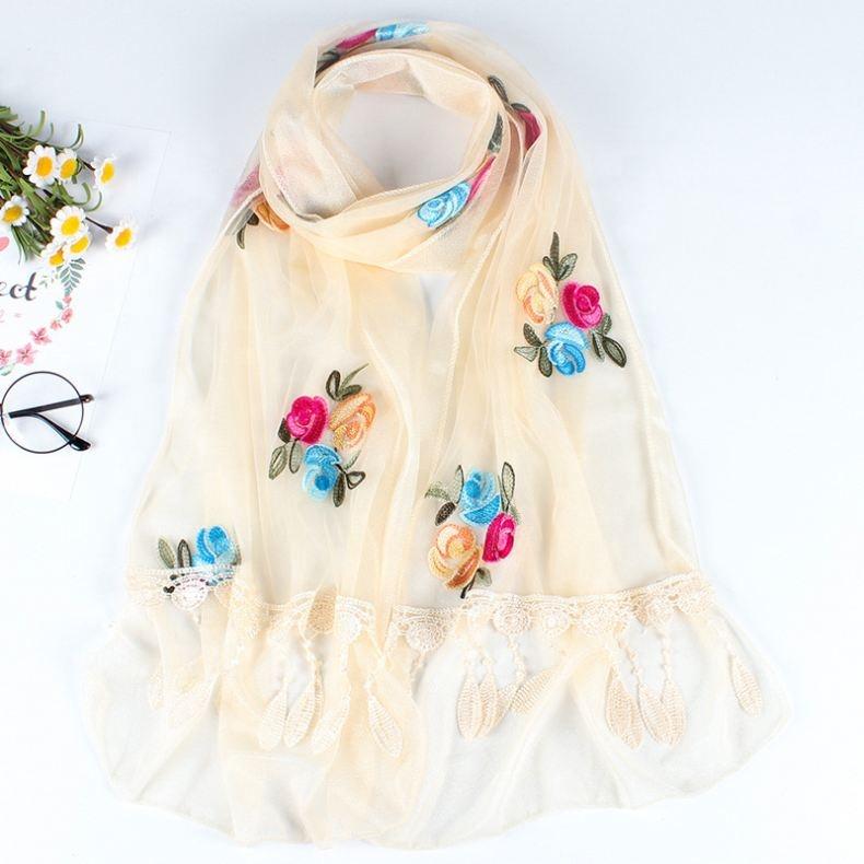 Double Layer Transparent Yarn Long Scarves Head Scarf Flower Embroidery Lace Tassel Hijab Scarf Bufanda Spring Autumn Elegant