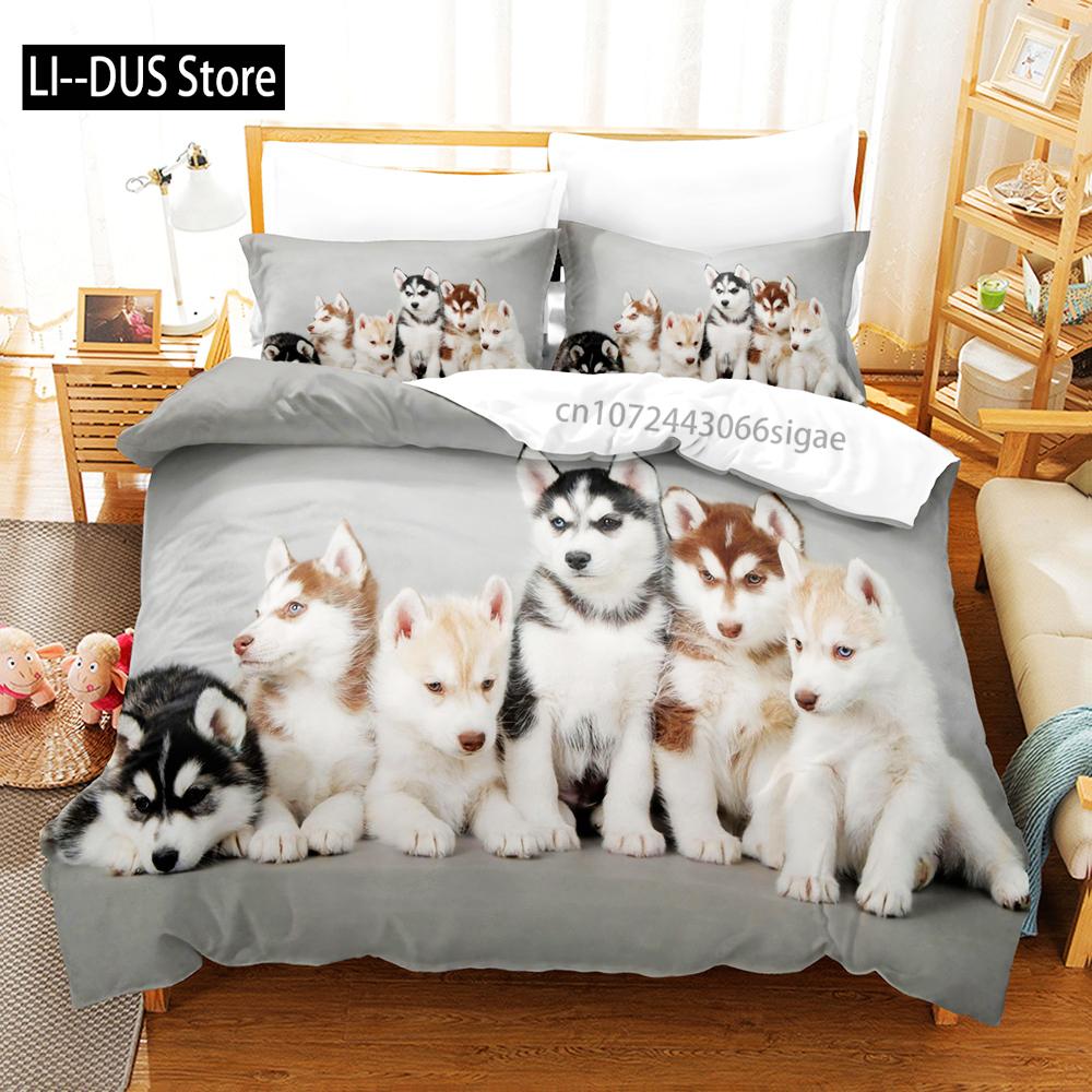 Cute White Dogs Bedding Set Lovely Puppy Husky Comforter Set King Queen Size Duvet Cover Set With Pillowcase Bed Linen For Girls