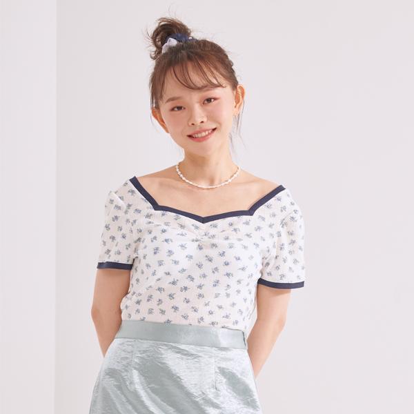 Primavera Flower Shirred Short Sleeve T-Shirt (Navy) Navy