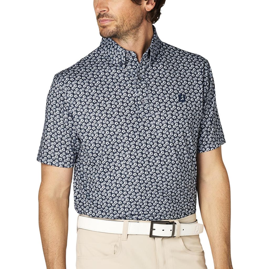 FootJoy Men's Floral Print Short Sleeve Button-Down Golf Shirt, Navy, Size M (FJ-S25-S14, 34559-M)
