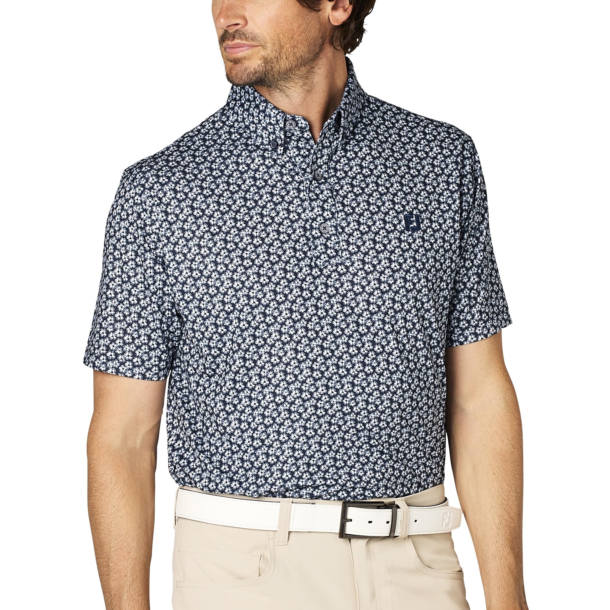 

FootJoy Men s Floral Print Short Sleeve Button-Down Golf Shirt, Navy, Size M (FJ-S25-S14, 34559-M)